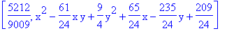 [5212/9009, x^2-61/24*x*y+9/4*y^2+65/24*x-235/24*y+209/24]